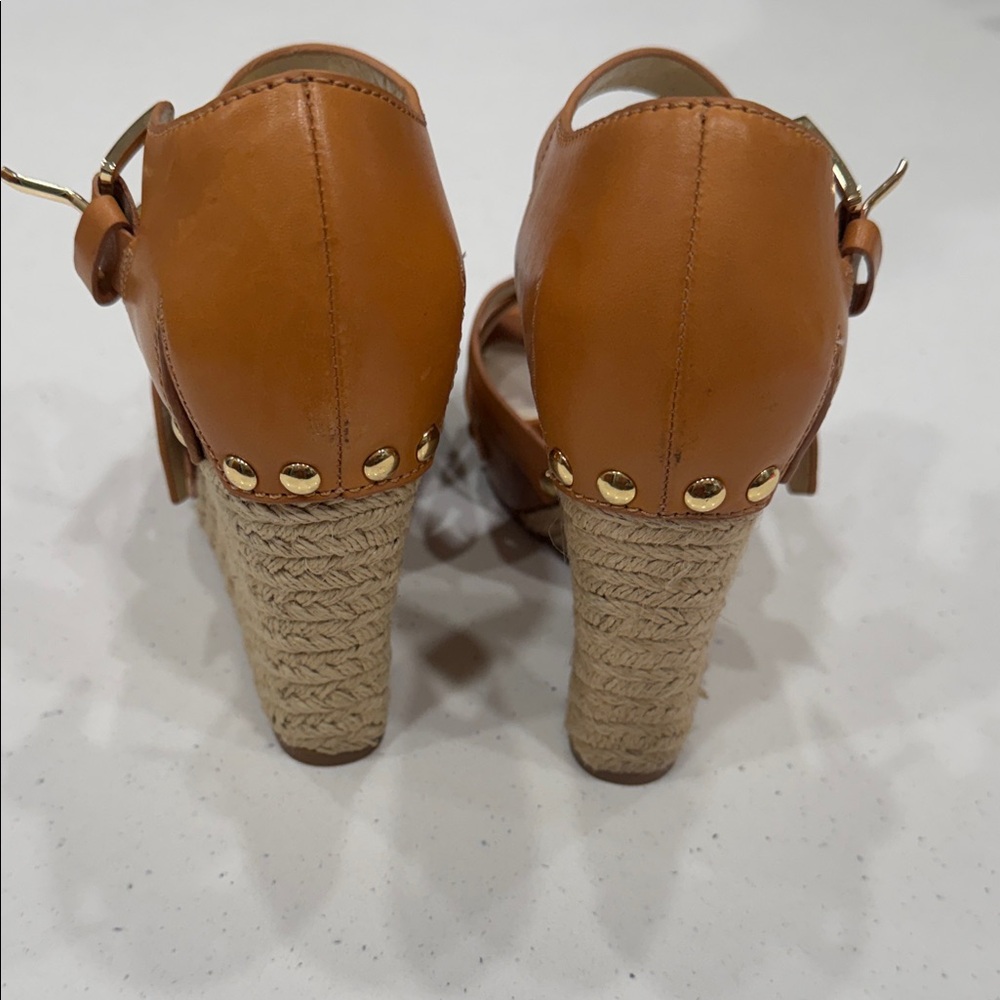 Michael Kors Jetset6 Tan Leather Wedge Sandals with Braided Front - Picture 4 of 8